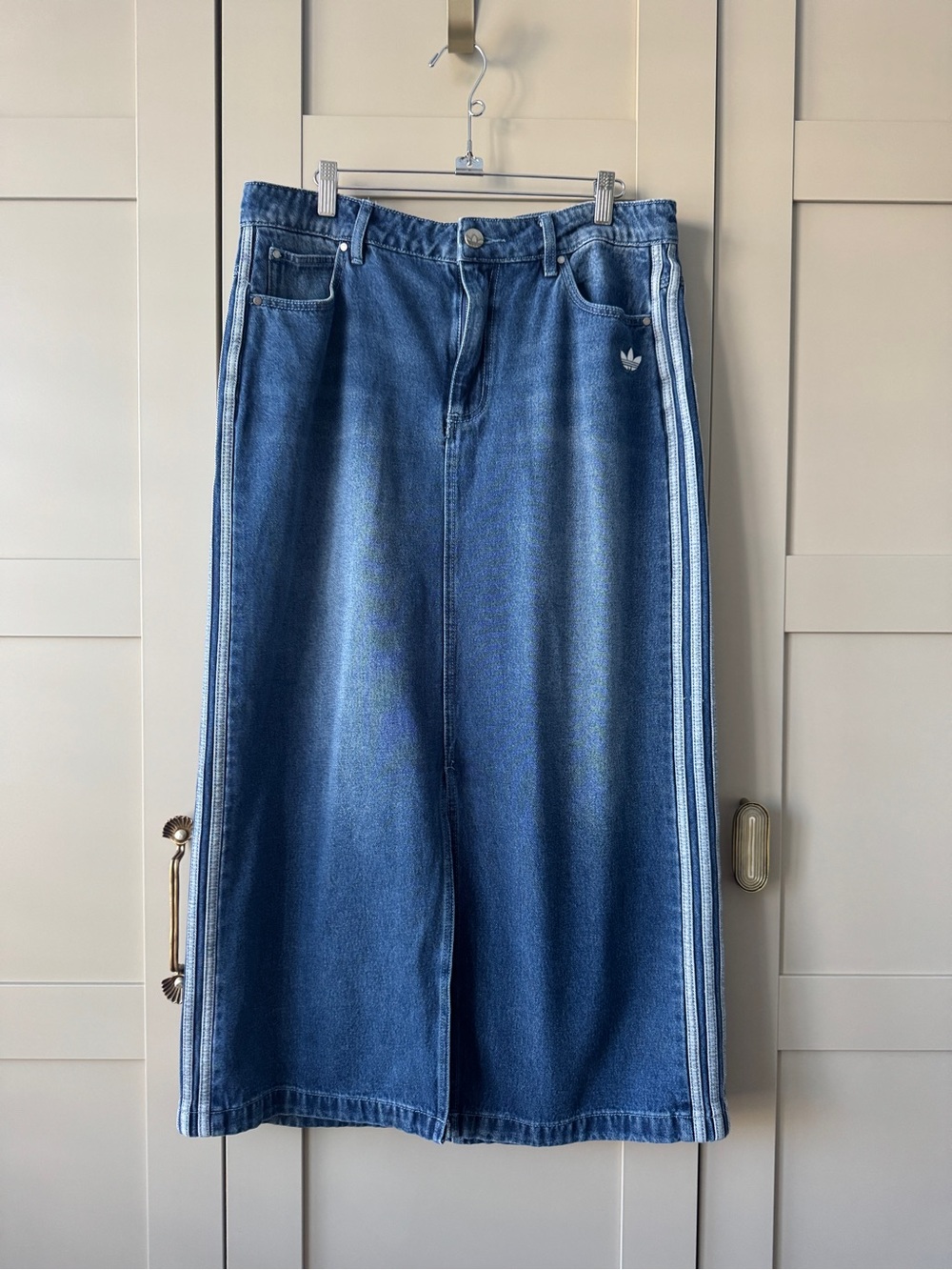 Women’s Denim Front Slit skirt with Side Stripes in Classic Blue